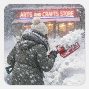Woman Shoveling Path to a Craft Store Square Sticker