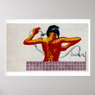 Woman Showering Matchbox Art Print, Czech Vintage Poster