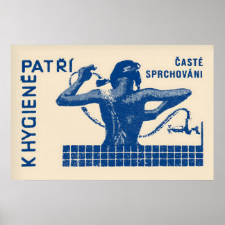 Woman Showering Matchbox Art Print, Czech Vintage Poster