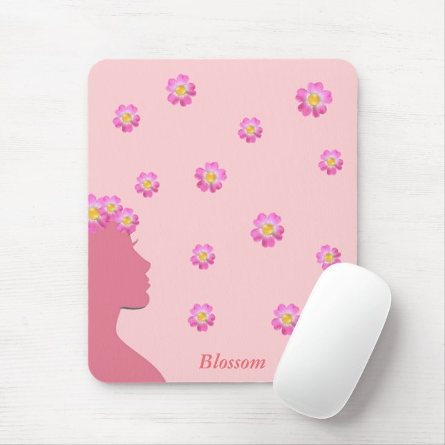 Woman silhouette, flowers & text on pink mouse pad (With Mouse)
