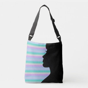 Woman Silhouette on Turquoise & Blue Stripes Crossbody Bag