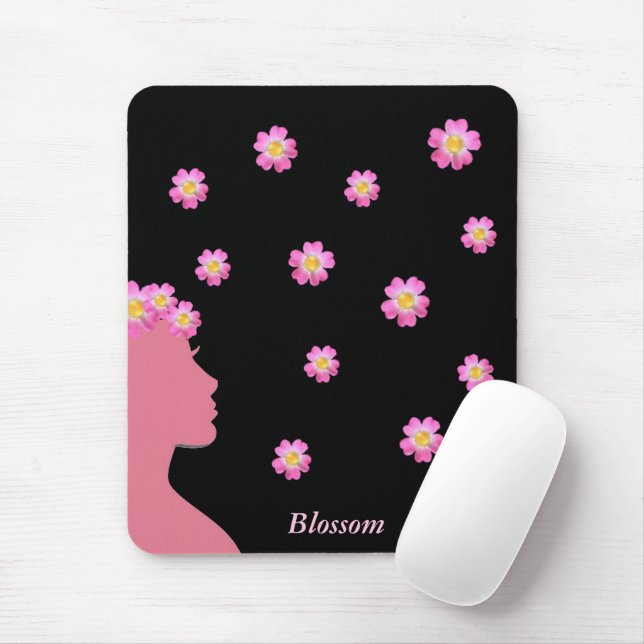 Woman silhouette, pink flowers & text on black mouse pad (With Mouse)