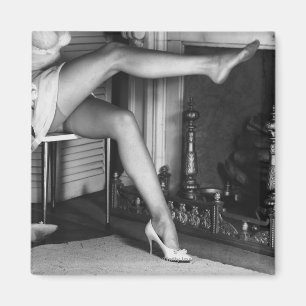 Woman sitting by fireplace B&W Magnet
