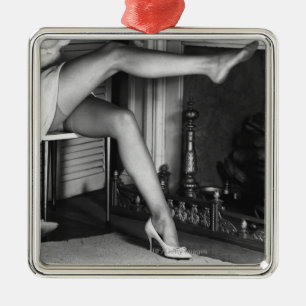 Woman sitting by fireplace B&W Metal Ornament