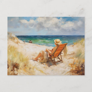 Woman sitting in beach chair at baltic sea. art postcard