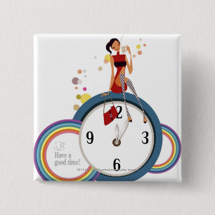 Woman sitting on a clock and holding a tea cup 15 cm square badge