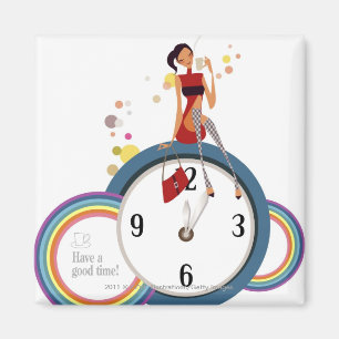 Woman sitting on a clock and holding a tea cup magnet
