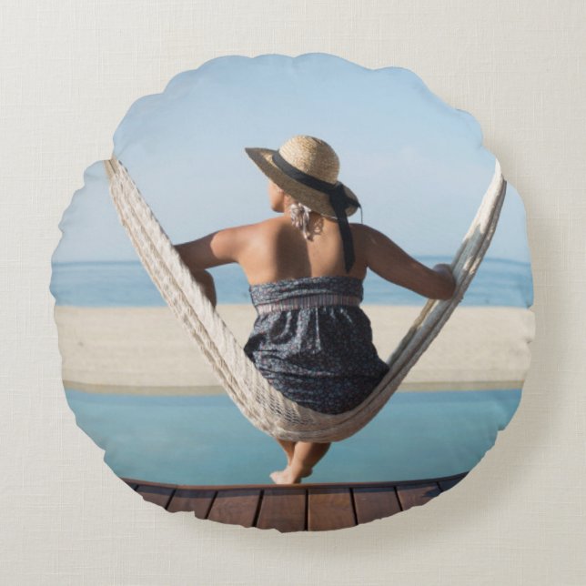 Woman Sitting On A Hammock At A Small Hotel Round Cushion (Front)