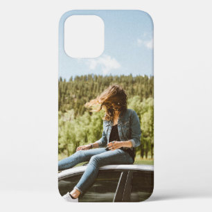 Woman sitting on roof of white sedan iPhone 12 case