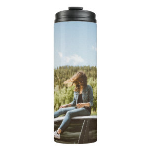 Woman sitting on roof of white sedan thermal tumbler