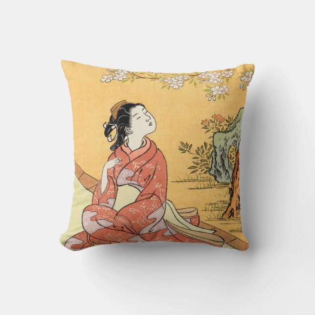 Woman Sitting Under Cherry Blossoms Cushion (Front)