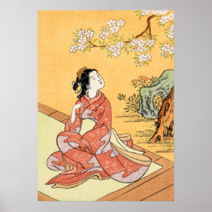 Woman Sitting Under Cherry Blossoms Poster