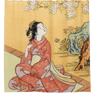 Woman Sitting Under Cherry Blossoms Shower Curtain