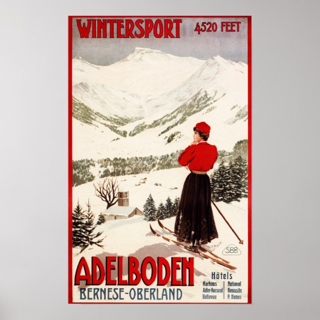Woman Skier Overlooking Adelboden Poster (Front)