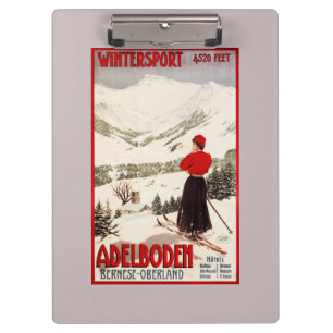 Woman Skier Overlooking Adelboden Poster Clipboard