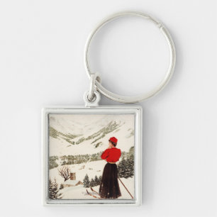 Woman Skier Overlooking Adelboden Poster Key Ring