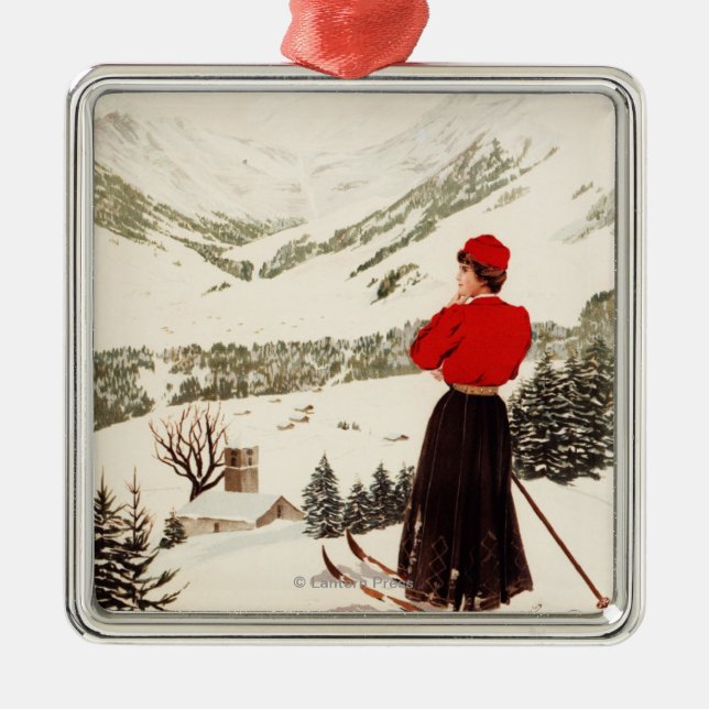 Woman Skier Overlooking Adelboden Poster Metal Tree Decoration (Front)