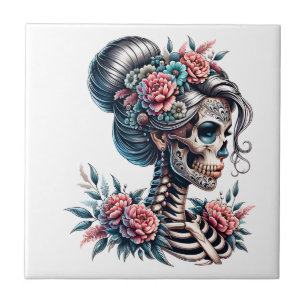 Woman Skull Dia De Los Muertos Skeleton Ceramic Tile