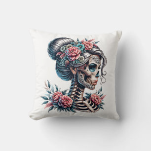 Woman Skull Dia De Los Muertos Skeleton Cushion