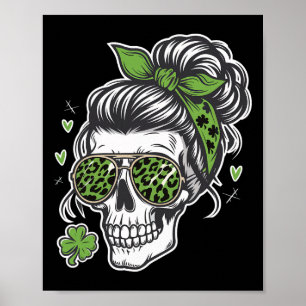 Woman Skull St. Patricks Day Messy Bun  Poster