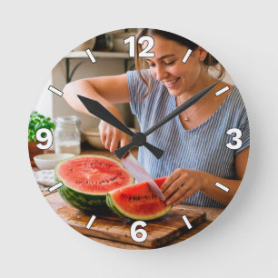 Woman Slicing Fresh Watermelon Kitchen Decor Round Clock