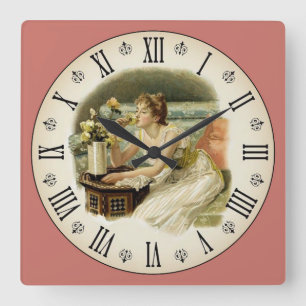 Woman Smelling Flowers Roman Numeral Square Wall Clock