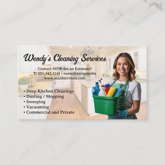 Woman Smiling Holding Cleaning Supplies | Kitchen Business Card (Front)