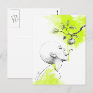 Woman Snake tongue Apple Green splash Surreal art Postcard