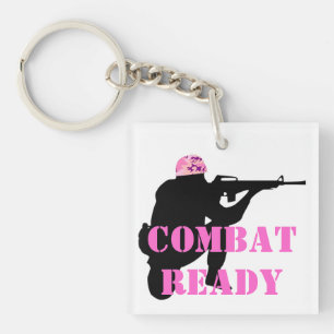 Woman Soldier With Pink Camouflage Helmet Key Ring