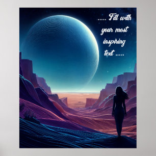 Woman standing on a desert looking at the moon poster