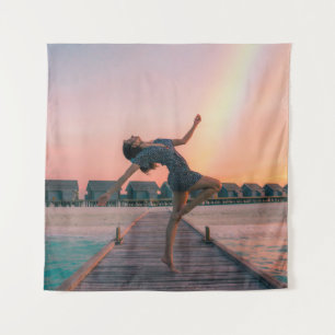 Woman standing on dock tapestry