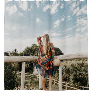 Woman standing on terrace shower curtain