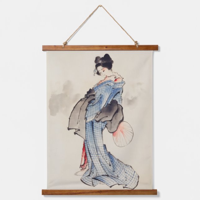 Woman Stands with a Fan, Hokusai Hanging Tapestry (Front)