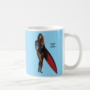 Woman Surfer on the Beach with her Surfboard URM Coffee Mug
