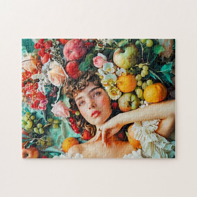Woman surrounded by fruits and blossoms jigsaw puzzle (Horizontal)