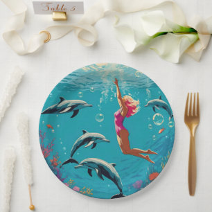 Woman Swimming Underwater With Dolphins Paper Plate