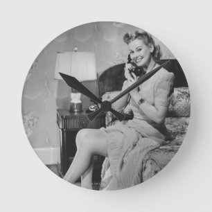 Woman Talking on Phone Round Clock