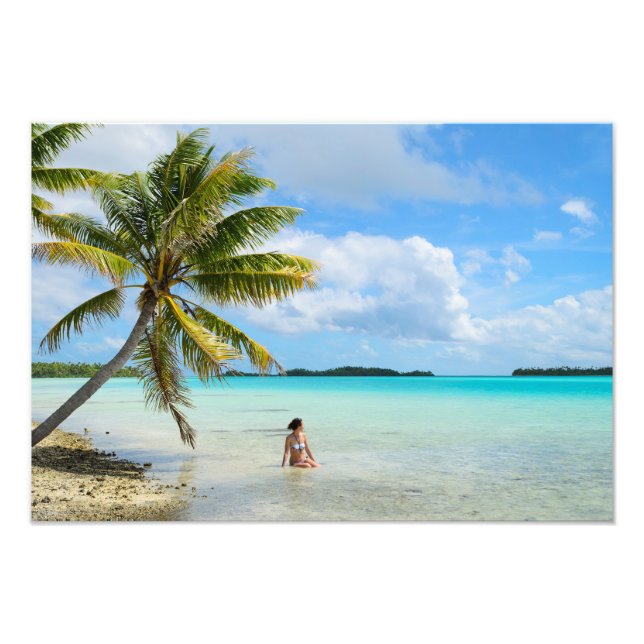 Woman under a palm tree in the Pacific photo print (Front)