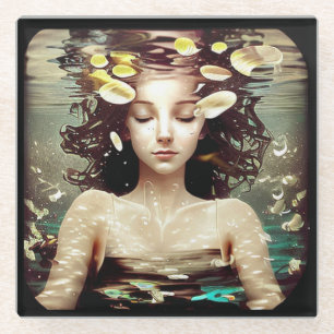 Woman Under Water, AI Artwork Glass Coaster