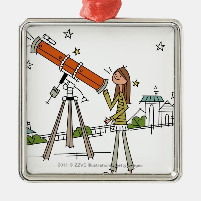 Woman using an astronomy telescope metal tree decoration (Front)