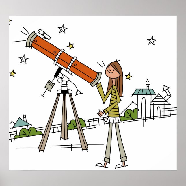 Woman using an astronomy telescope poster (Front)
