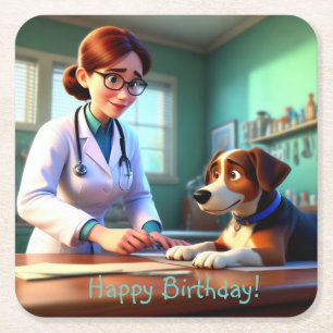 Woman Veterinarian Birthday Square Paper Coaster
