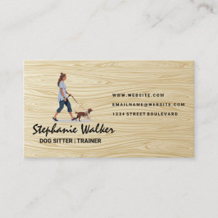 Woman Walking Dog   Wood Grain Business Card