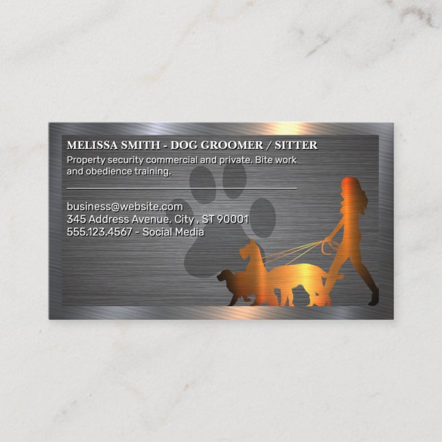 Woman Walking Dogs | Paw | Metallic Border Business Card (Front)