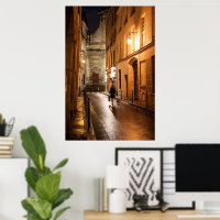 Woman walking her dog at night