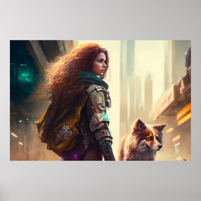 Woman Walking her Dog in a City of the Future Poster (Front)