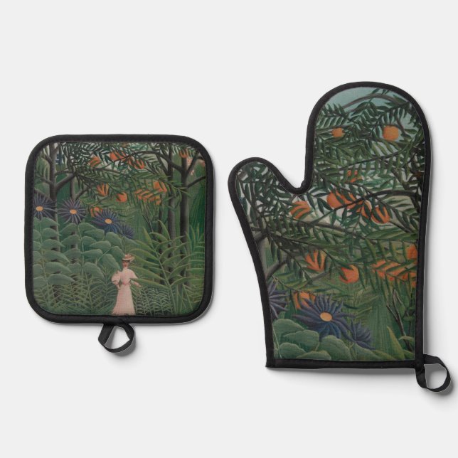 Woman Walking in an Exotic Forest, Henri Rousseau Oven Mitt & Pot Holder Set (Front)