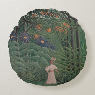 Woman Walking in an Exotic Forest, Henri Rousseau Round Cushion