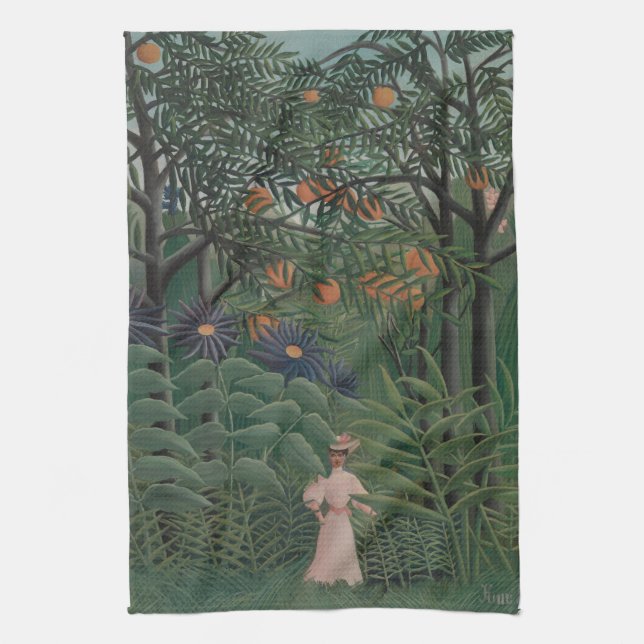 Woman Walking in an Exotic Forest, Henri Rousseau Tea Towel (Vertical)