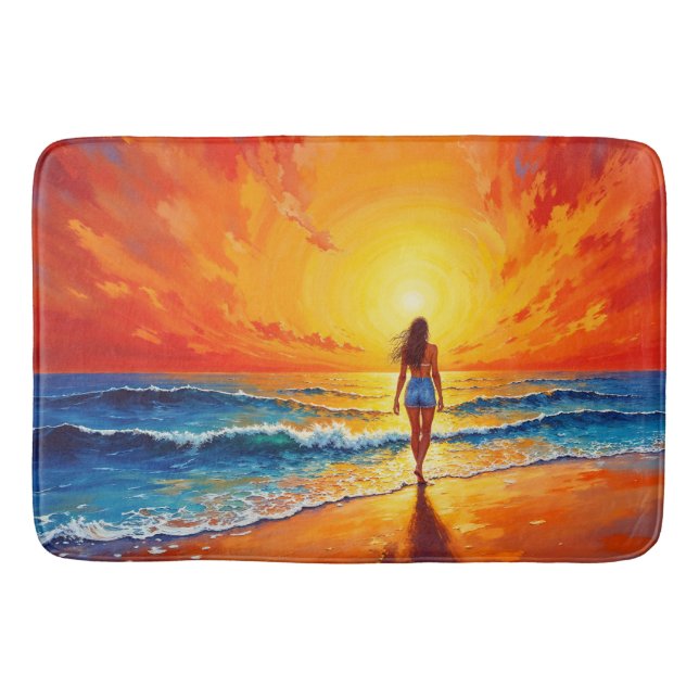Woman walking ocean beach warm sunset bath mat (Front)